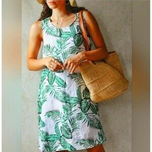 C‎ &C California Linen Dress Womens Small Green And White Leaf Pockets Swing